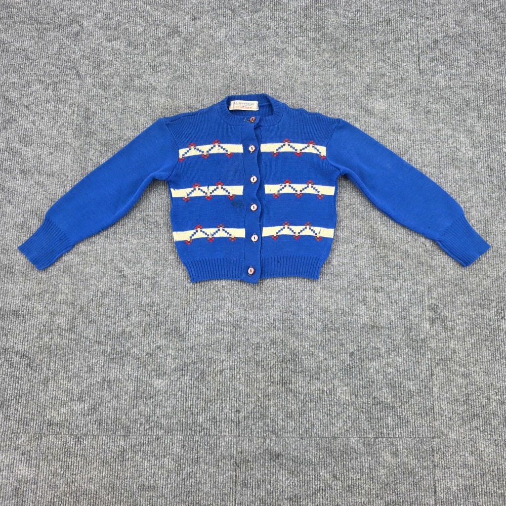 Vintage Bairnswear Blue Wool Cardigan Sweater Made in Great Britain Size 18in